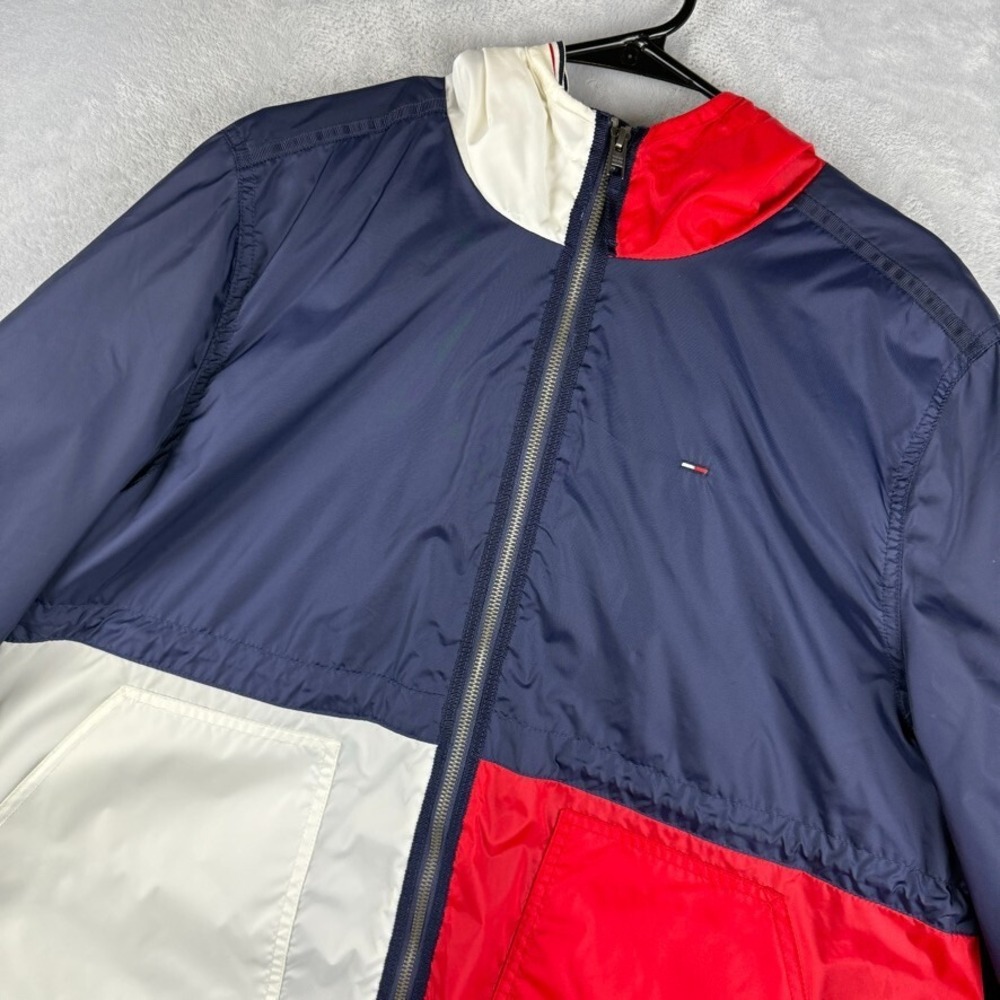 Tommy Hilfiger Jacket Men Large Blue Red White Colorblock Flag Denim Windbreaker